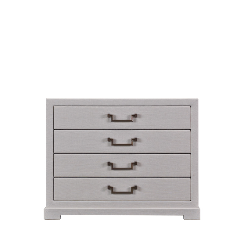 Future is a wooden chest of drawers covered in leather or fabric with leather placemats and handles in leather or bronze, nickel and chrome from Promemoria's catalogue | Promemoria