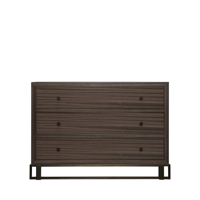 Margot is a wooden chest of drawers with metal details and bronze base and knobs from Promemoria's catalogue | Promemoria