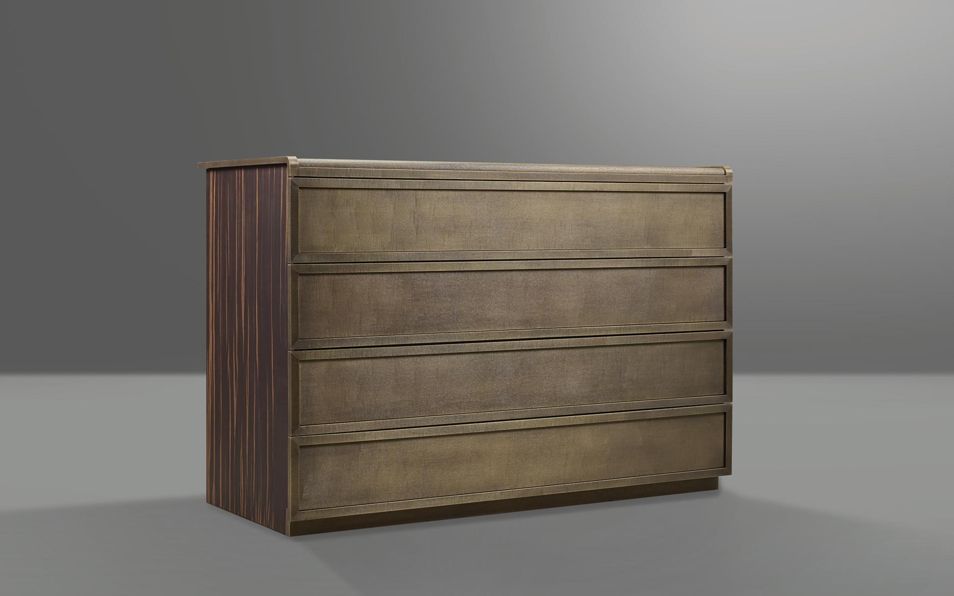 Orione is a wooden chest of drawers covered in leather, from Promemoria's catalogue | Promemoria