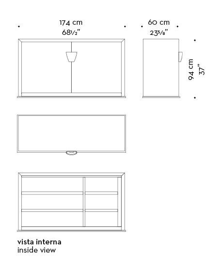 Dimensions of Bonaventura, a wooden cabinet with bronze base and handle, from Promemoria's catalogue | Promemoria