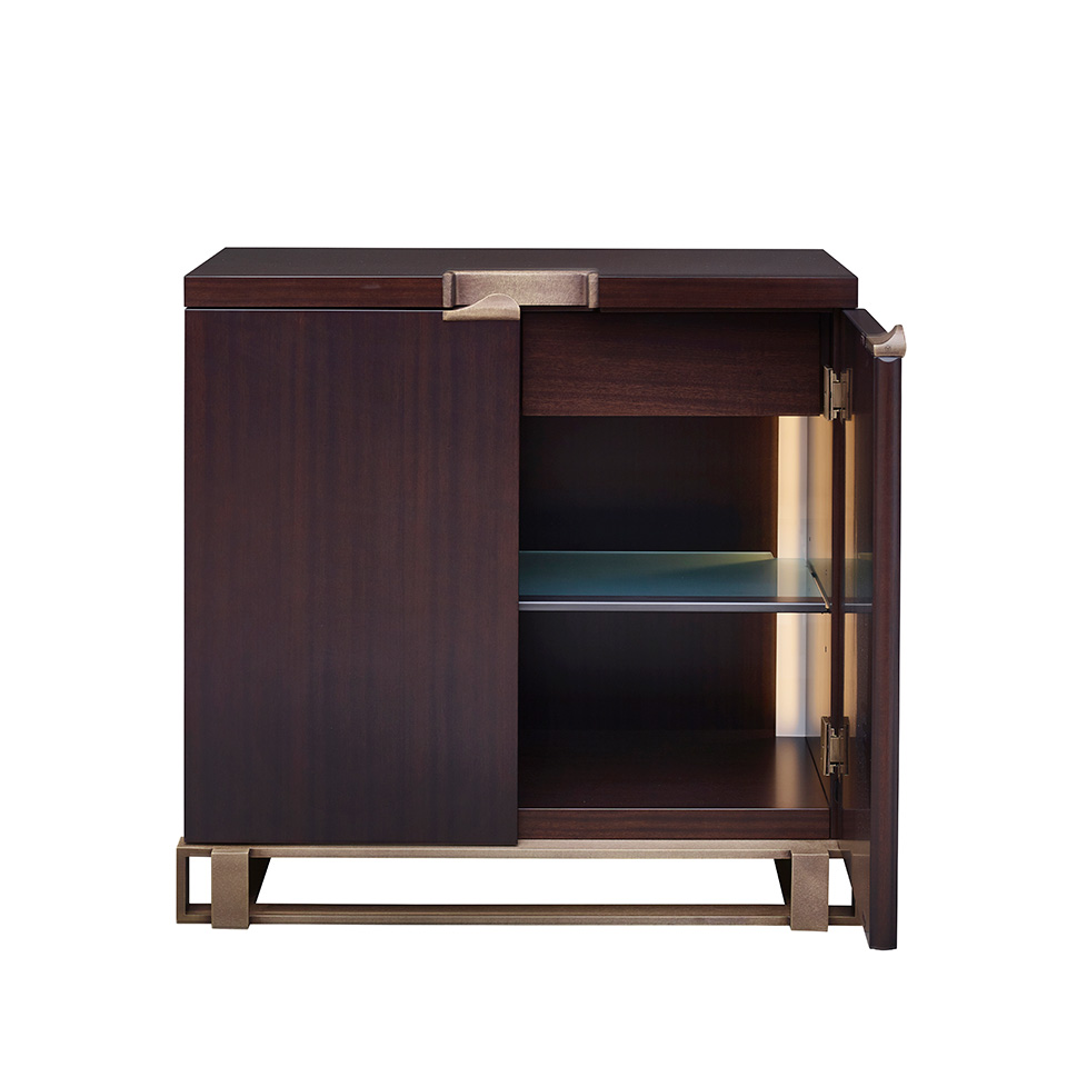 Inside of Margot, a wooden cabinet with bronze base, handle and hinges from Promemoria's catalogue | Promemoria