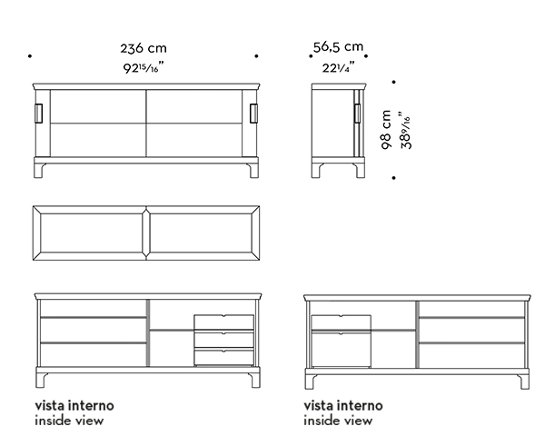 Dimensions of Oolong, a low wooden cabinet with sliding doors, leather shelves and drawers fronts and bronze handles from Promemoria's catalogue | Promemoria