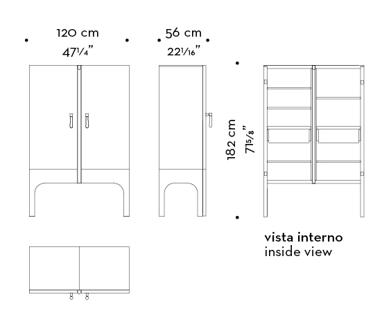Dimensions of Tom Bombadil, a wooden cabinet with bronze profiles and a Murano glass handle, from Promemoria's catalogue | Promemoria