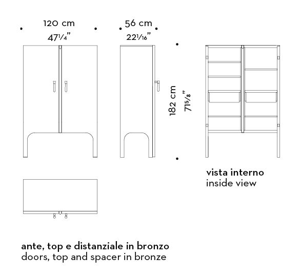 Dimensions of Tom Bombadil, a wooden cabinet with bronze profiles and a Murano glass handle, from Promemoria's catalogue | Promemoria