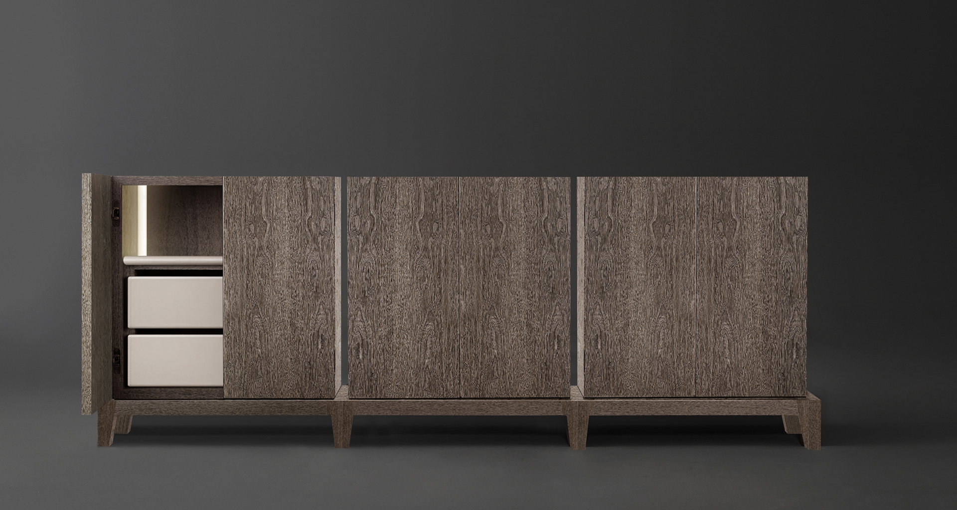 Amarcord is a wooden modular cabinet with doors or drawers and buit-in or bronze handles from the Promemoria's catalogue | Promemoria