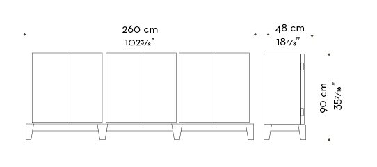 Dimensions of Amarcord, a wooden modular cabinet with doors and buit-in or bronze handles from the Promemoria's catalogue | Promemoria