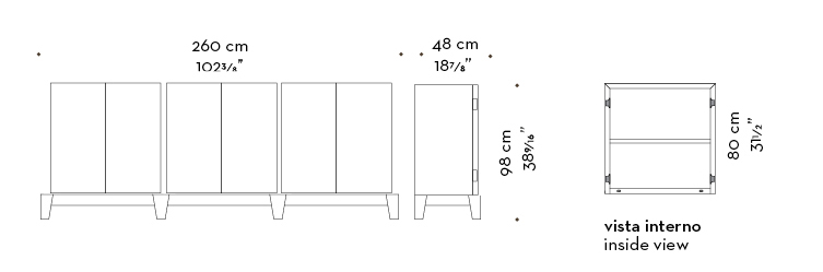 Dimensions of Amarcord, a wooden modular cabinet with doors and buit-in or bronze handles from the Promemoria's catalogue | Promemoria