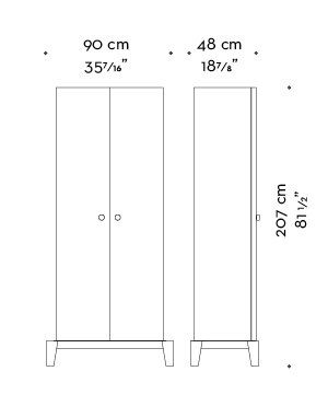 Dimensions of Amarcord, a wooden modular cabinet with doors and buit-in or bronze handles from the Promemoria's catalogue | Promemoria