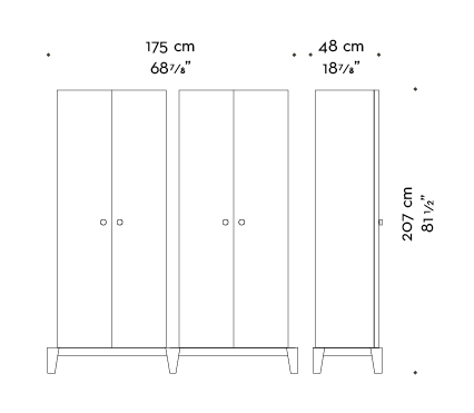 Dimensions of Amarcord, a wooden modular cabinet with doors and buit-in or bronze handles from the Promemoria's catalogue | Promemoria