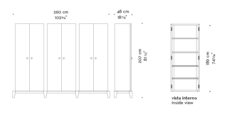 Dimensions of Amarcord, a wooden modular cabinet with doors and buit-in or bronze handles from the Promemoria's catalogue | Promemoria