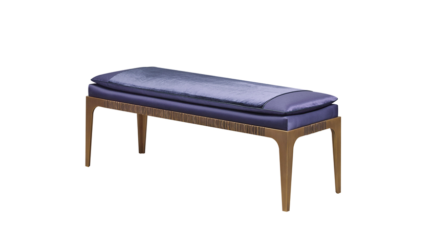 Montagu is a bronze bench with fabric and leather seat, from Promemoria's The London Collection | Promemoria