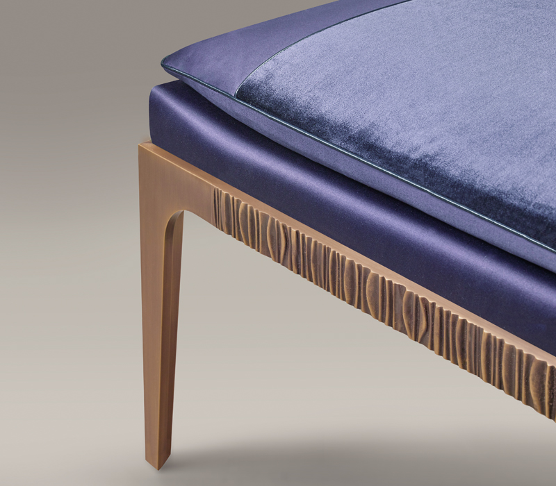 Detail of Montagu, a bronze bench with fabric and leather seat, from Promemoria's The London Collection | Promemoria