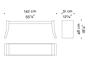 Dimensions of Saphire, a wooden bench, available with leather or galuchat top, from Promemoria's catalogue | Promemoria