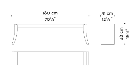 Dimensions of Saphire, a wooden bench, available with leather or galuchat top, from Promemoria's catalogue | Promemoria