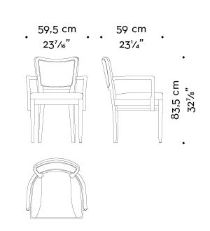 Dimensions of Pepita, a wooden dining chair with fabric or leather seat and with armrests, from Promemoria's catalogue | Promemoria