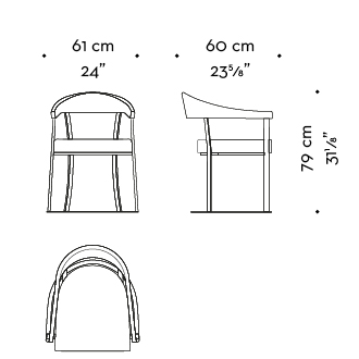 Dimensions of Rachele, a bronze chair with arms with wooden or leather back and leather seat, from Promemoria's catalogue | Promemoria
