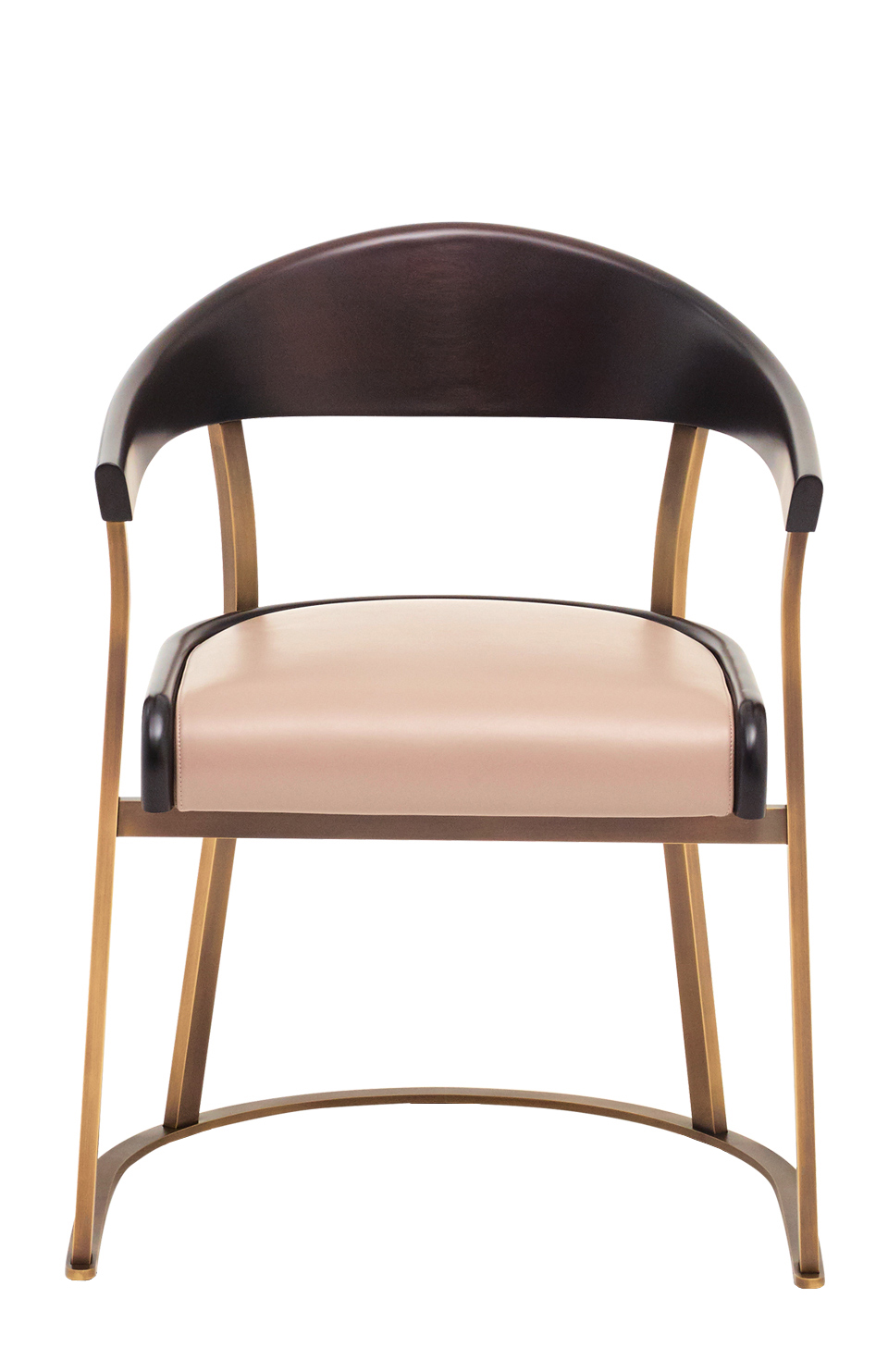Rachele is a bronze chair with arms with wooden or leather back and leather seat, from Promemoria's catalogue | Promemoria