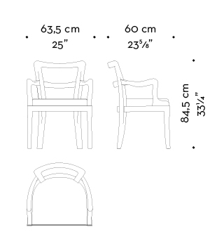 Dimensions of Sofia, a wooden dining chair with fabric or leather seat and armrests, from Promemoria's catalogue | Promemoria
