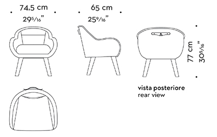 Dimensions of Vittoria, a wooden chair covered in fabric or leather with a bronze handle on the back, from Promemoria's catalogue | Promemoria