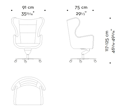 Dimensions of Butterfly, an office armchair covered in leather and fabric, available with a pouf, from Promemoria's catalogue | Promemoria