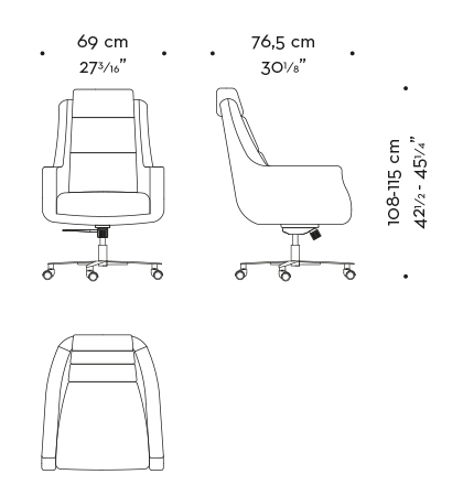 Dimensions of Kate, an office chair with a metal base covered in leather and fabric, from Promemoria's Amaranthine Tales collection | Promemoria