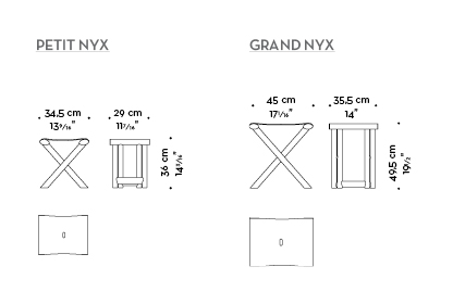 Dimensions of Grand Nyx, a folding wooden stool with bronze details and leather seat, from Promemoria's Night Tales collection | Promemoria