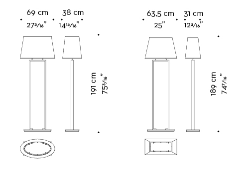 Dimensions of Agatha, a floor LED lamp with bronze structure and linen, cotton or hand-embroidered silk lampshade, from Promemoria's catalogue | Promemoria