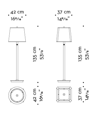 Dimensions of Cecile, a floor LED lamp with bronze structure, methacrylate diffusers and linen, cotton or silk with handmade edge lampshade, from Promemoria's catalogue | Promemoria