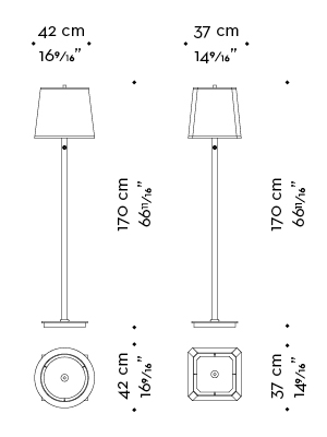 Dimensions of Cecile, a floor LED lamp with bronze structure, methacrylate diffusers and linen, cotton or silk with handmade edge lampshade, from Promemoria's catalogue | Promemoria