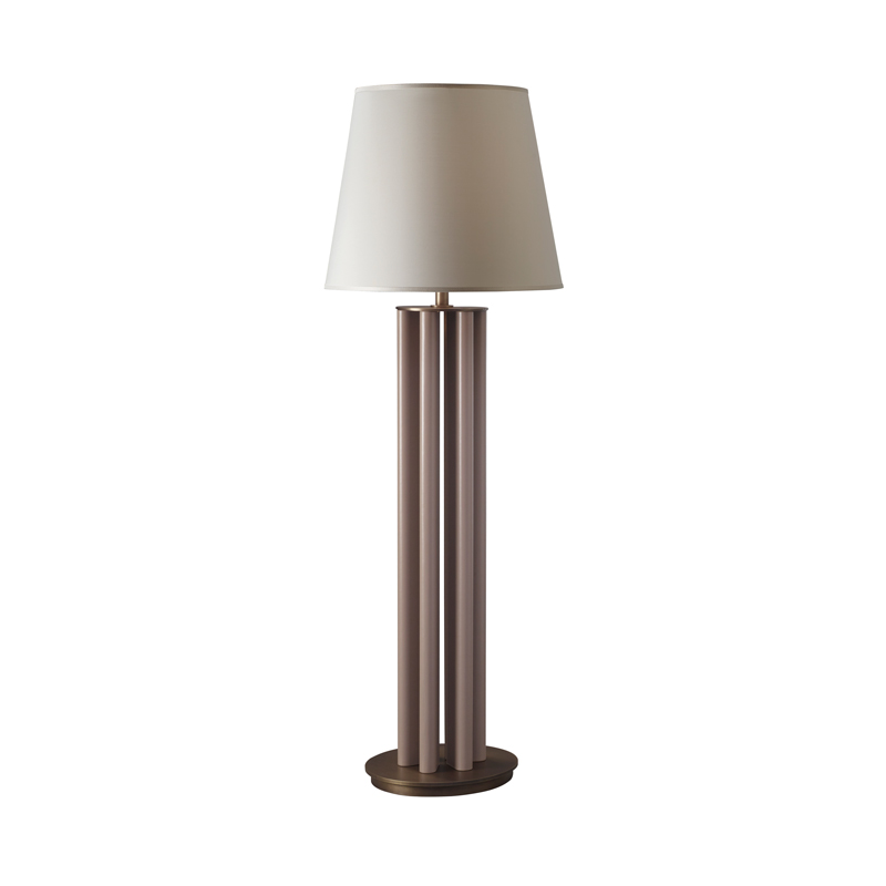 Clori is a floor LED lamp with leather or wooden structure, bronze base and details and linen, cotton or silk with handmade edge, from Promemoria's Amaranthine Tales collection | Promemoria