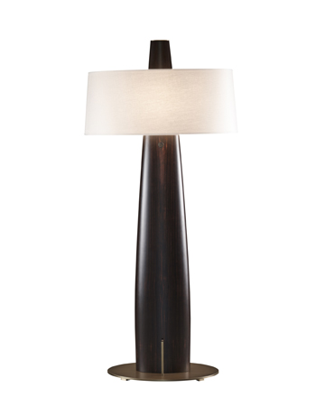 Fosca is a floor wooden LED lamp with a bronze base and a cotton, linen or hand-embroidered silk lampshade, from Promemoria's catalogue | Promemoria