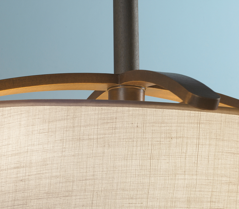 Detail of Pia, a bronze hanging LED lamp with a hand-embroidered lampshade, from Promemoria's catalogue | Promemoria