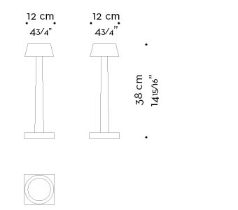 Dimensions of Fiammetta, a portable table LED lamp with bronze structure and touch switch, from Promemoria's catalogue | Promemoria