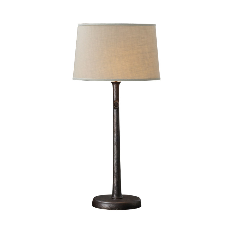Françoise is a table LED lamp with bronze structure and linen, cotton or hand-broidered silk lampshade, from Promemoria's catalogue | Promemoria