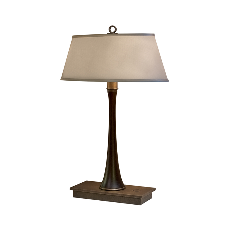Geraldine is a table LED lamp with wooden structure, bronze base and linen, cotton or hand-embroidered silk lampshade from Promemoria's catalogue | Promemoria