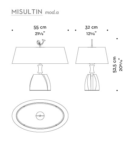 Dimensions of Misultin, a table LED lamp with bronze structure with a linen, cotton or hand-embroidered silk lampshade, from Promemoria's catalogue | Promemoria