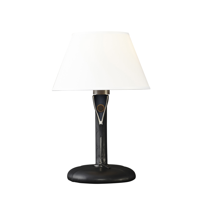 Zip is a table LED lamp with wooden structure or covered in leather and fabric with bronze details and linen, cotton or silk lampshade with handmade edge, from Promemoria's catalogue | Promemoria