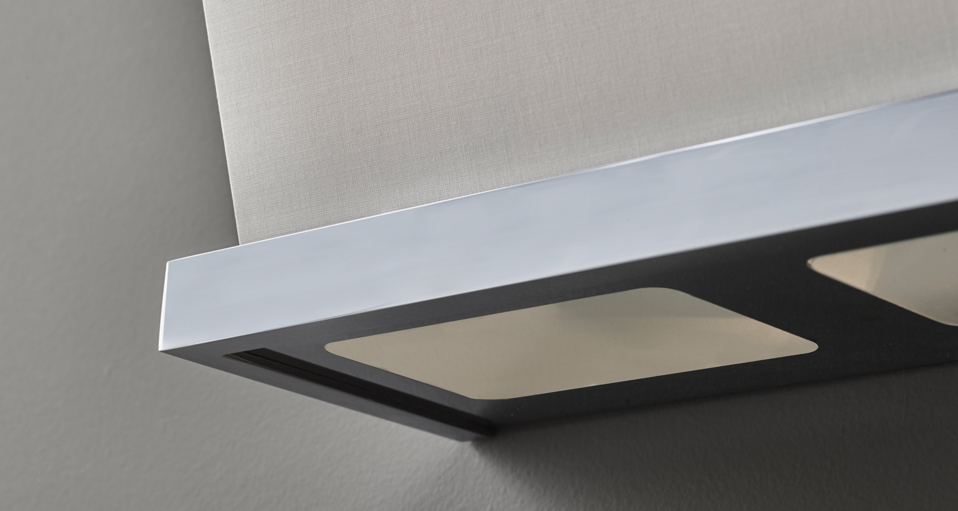 Detail of Colette, a wall LED lamp, in bronze, nickel or chrome, with a linen or cotton lampshade or handmade edge, from Promemoria's catalogue | Promemoria
