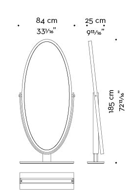 Dimensions of Ingrid, an elliptical revolving mirror with a bronzed metal base, from the Promemoria's catalogue | Promemoria