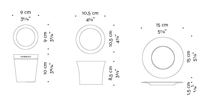 Dimensions of Candela, a scented candled, available in different fragrances and with a wooden candle holder and saucer, from Promemoria's catalogue | Promemoria