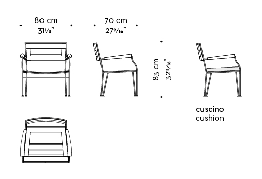 Dimensions of Cernobbio, a wooden and bronze armchair and pouf with fabric cushion, from Promemoria's outdoor catalogue | Promemoria