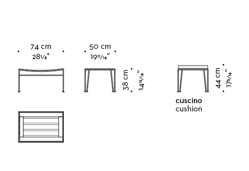 Dimensions of Cernobbio, a wooden and bronze armchair and pouf with fabric cushion, from Promemoria's outdoor catalogue | Promemoria