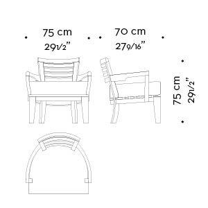 Dimensions of Varenna, an outdoor wooden armchair with a fabric cushion from Promemoria's outdoor catalogue | Promemoria