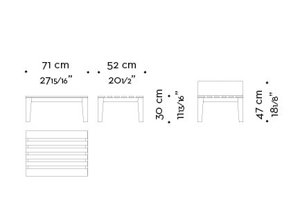 Dimensions of Varenna, an outdoor wooden armchair with a fabric cushion from Promemoria's outdoor catalogue | Promemoria