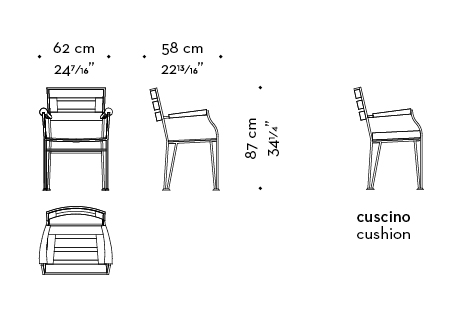 Dimensions of Cernobbio, an outdoor bronze chair with armrests, from Promemoria's outdoor calatague | Promemoria