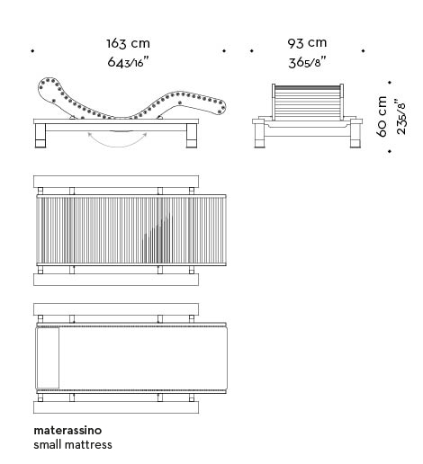 Dimensions of Belvedere, an outdoor wooden chaise longue-dormeuse with okumé and bronze details, from Promemoria's outrdoor catalogue | Promemoria