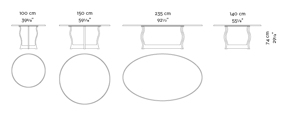 Dimensions of Erasmo, an outdoor dining table with bronze base and marble top, from Promemoria's outdoor catalogue | Promemoria