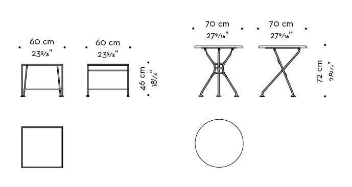 Dimensions of Cernobbio, an outdoor small table with bronze base and marble top, from Promemoria's outdoor catalogue | Promemoria