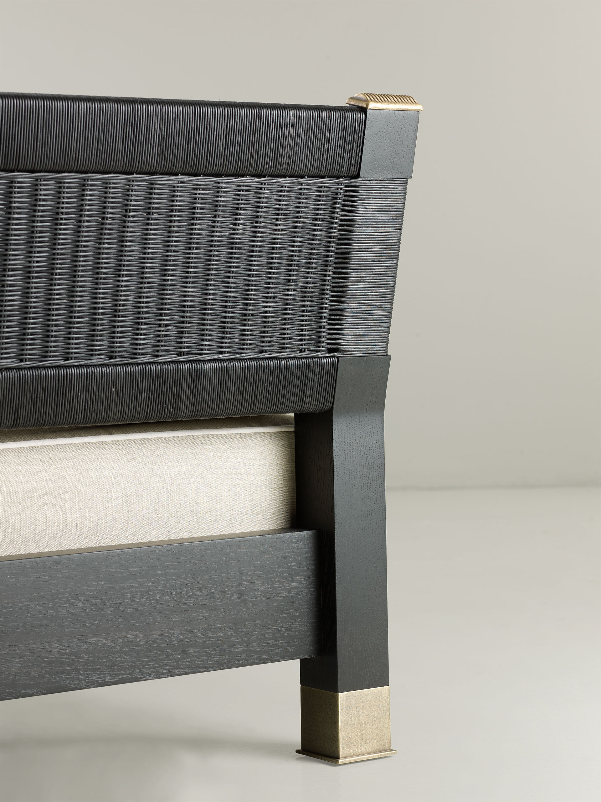 Moltrasio is an outdoor wooden sofa with bronze feet and details, from Promemoria's outdoor catalogue | Promemoria