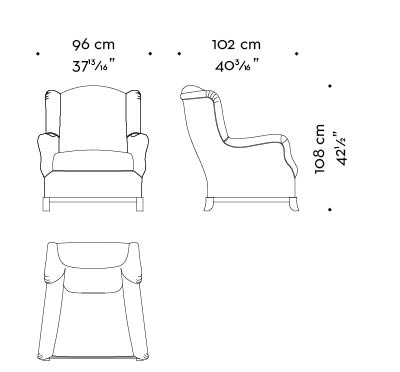 Dimensioni di Madame A, an armchair covered in fabric or leather with wooden base, from Promemoria's catalogue | Promemoria